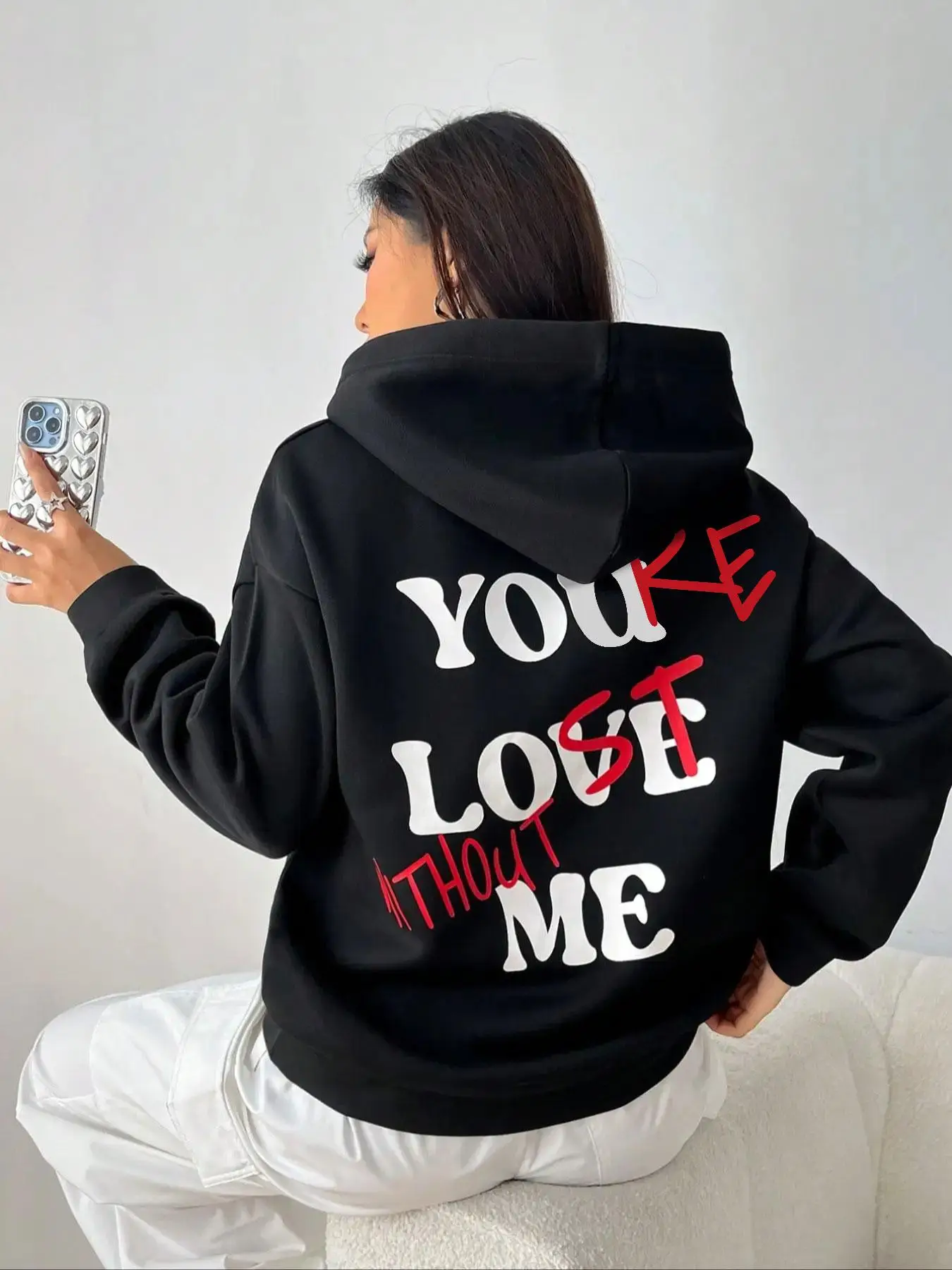 Women's Personalized Letter Print Drop Shoulder Drawstring Hoodie, Comfort Soft Long Sleeve Womenswear, Pocket Hooded Sweatshirt for Daily Streetwear,