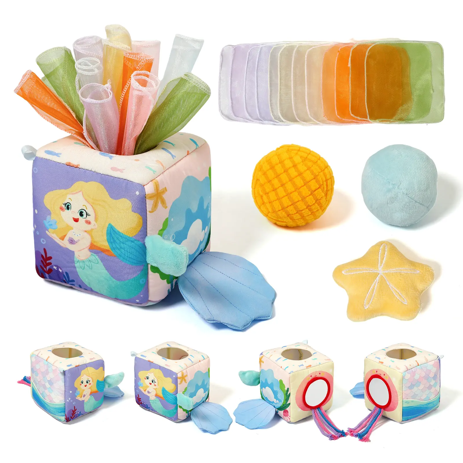DealsForYouDays Baby Tissue Box Toy - Montessori Sensory Busy Cube Early Learning Multi Activity Playset, Infant Activities Toy with 3 Textured Balls, 12 Silky Scarves, Mermaid Tail Decoration, Ideal Toddler Gift
