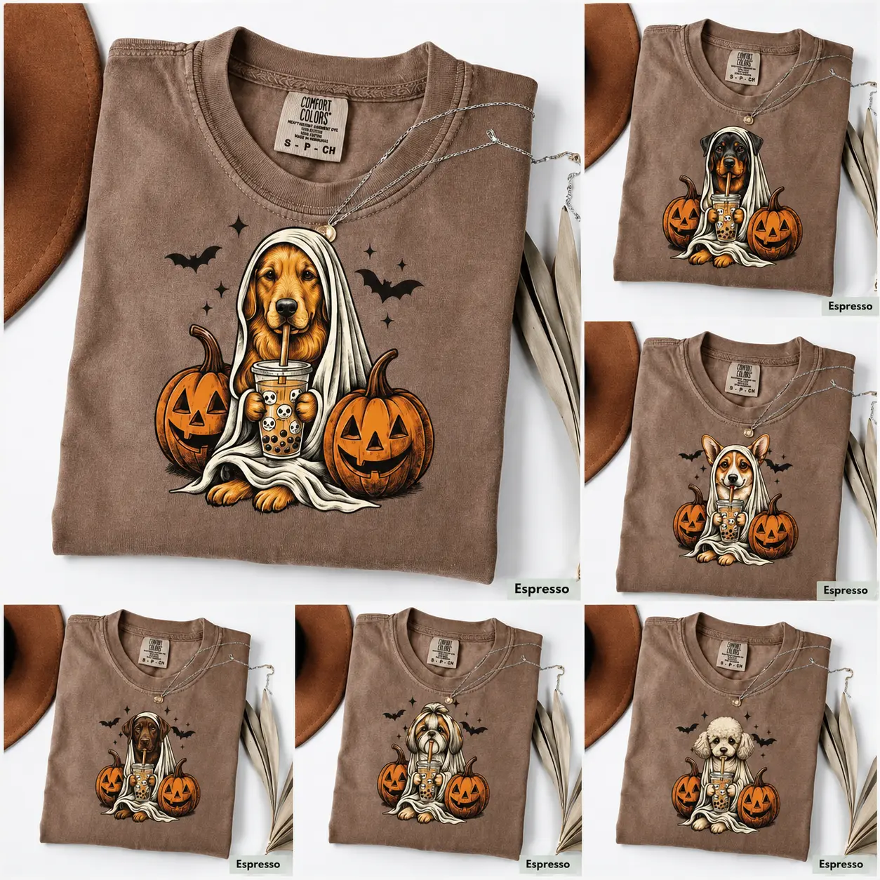 Comfort Colors Dog Shirt | 50+ Dog Breeds Available - Custom Ghost & Boba Tea Halloween Tee, Cute Dog Lover Gift