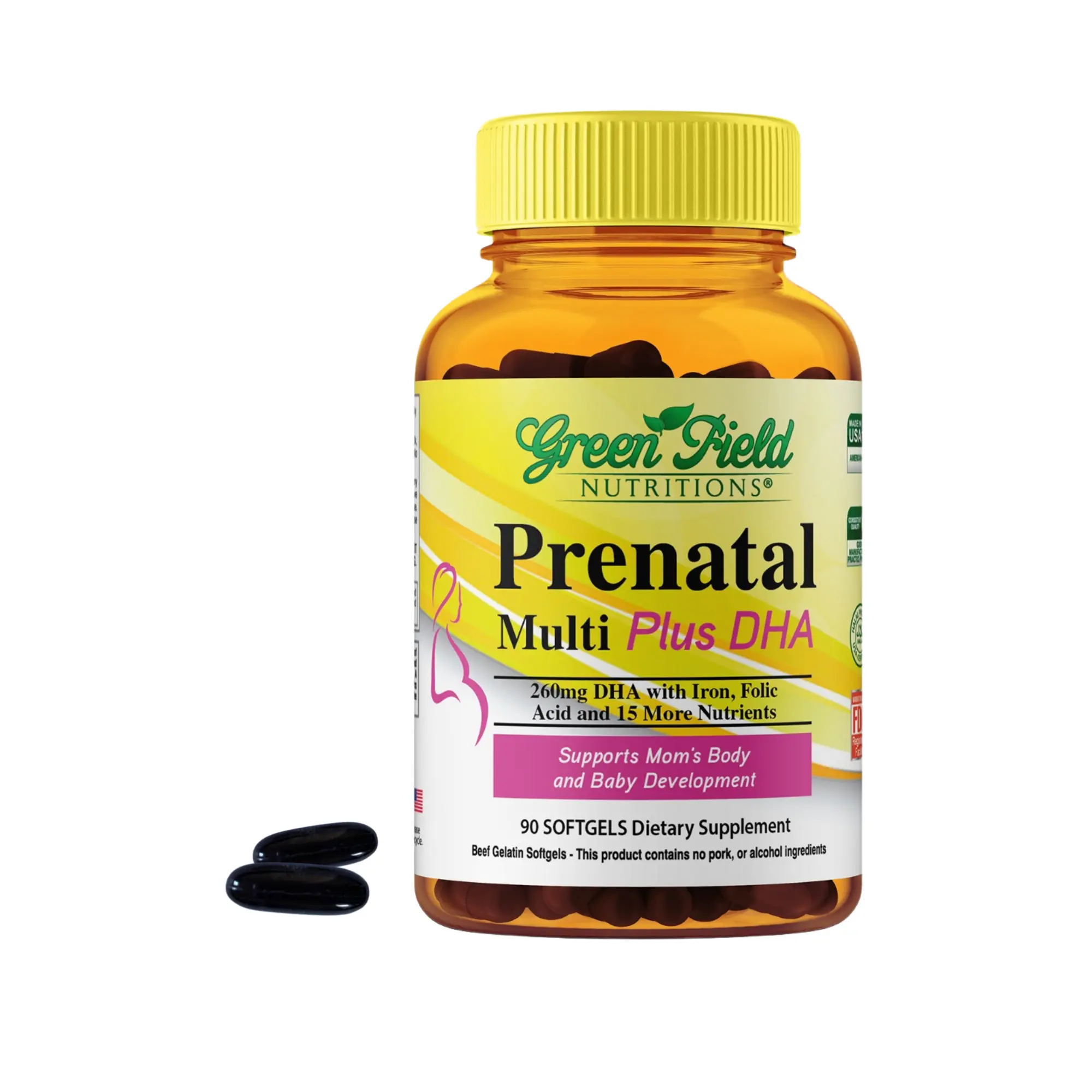 Greenfield Nutritions Halal Prenatal Multi Plus DHA, 300mg DHA, 800mcg Folic Acid & Iron, 90 Liquid Soft Gel with Minerals for Mom & Baby