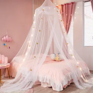 Bed Canopy with Lights for Girls,Gold Star Princess Crib Canopy Curtains,Extra Large Dome Mosquito Net Reading Nook Canopy for Kids Boys Twin Full Queen Size Bed,Fire Retardant Fabric