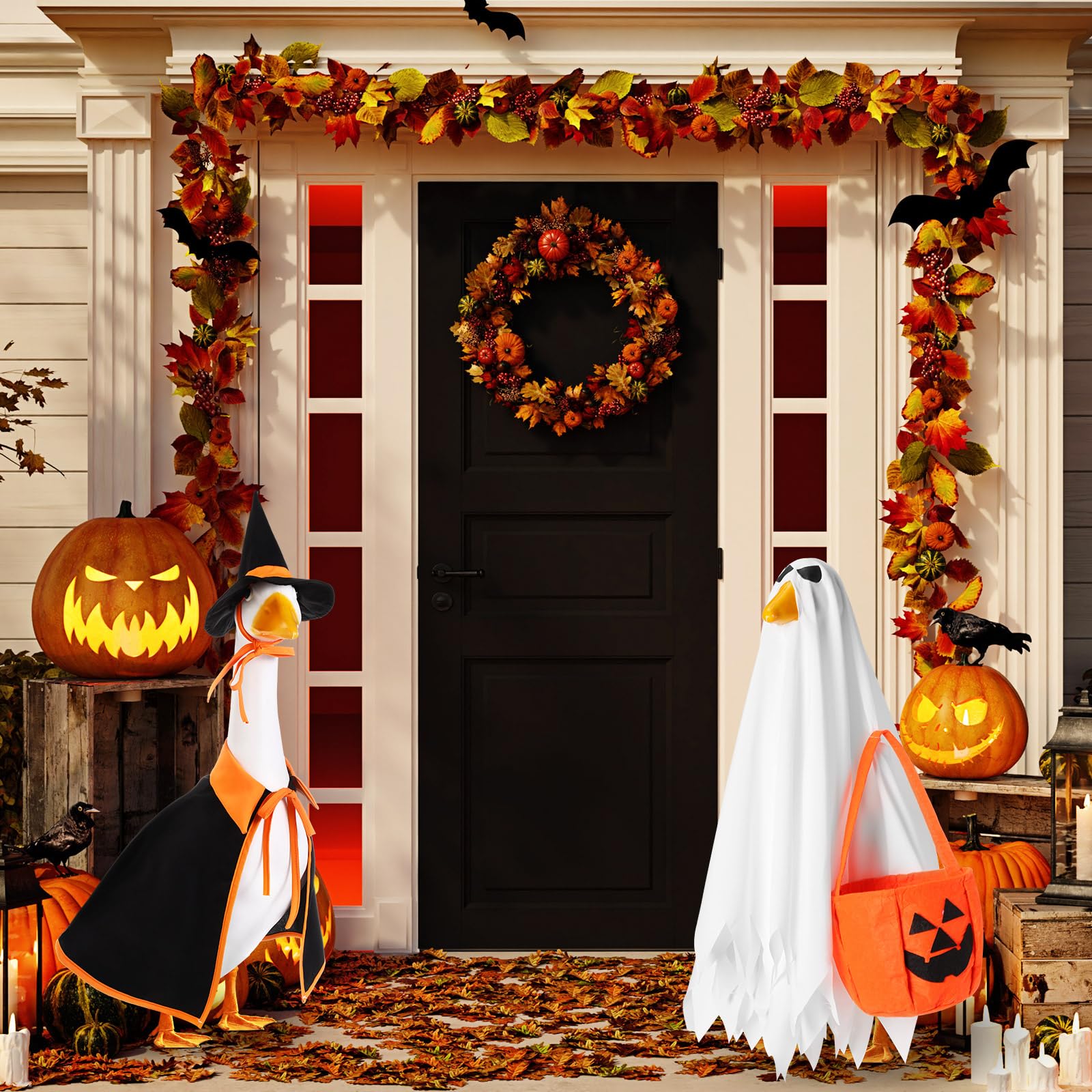 2 Sets Halloween Porch Goose Outfit fit 23 inch Goose, Lawn Porch Goose Clothes Clothing Fall Halloween Outfit for Outdoor Patio Yard Lawn Art Decoration