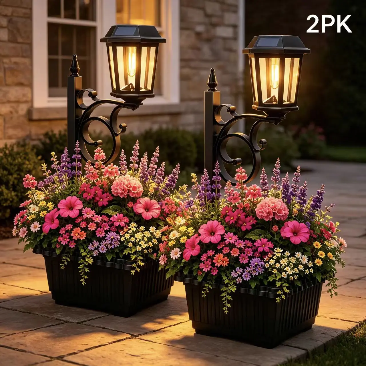 Solar Lamp Post Light with Planter, 2 in 1 Solar Post Lights Waterproof,Wall Mount or Freestanding, Auto on/Off Flower Pot with Solar Light for Garden, Yard,Patio, Front Porch, Back Door, 2Pack