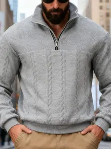 Men's Textured Quarter-Zip Long Sleeve Sweatshirt, Cable Knit Stand Collar Sporty Top, High-Quality Texture Four-Button Sweater