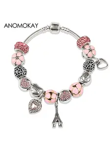 Classic Pink Enamel Crystal Heart Flower Bead Bracelets Antique Silver Color Eiffel Tower Love Pendant Charm Bracelets & Bangles for Women Gift