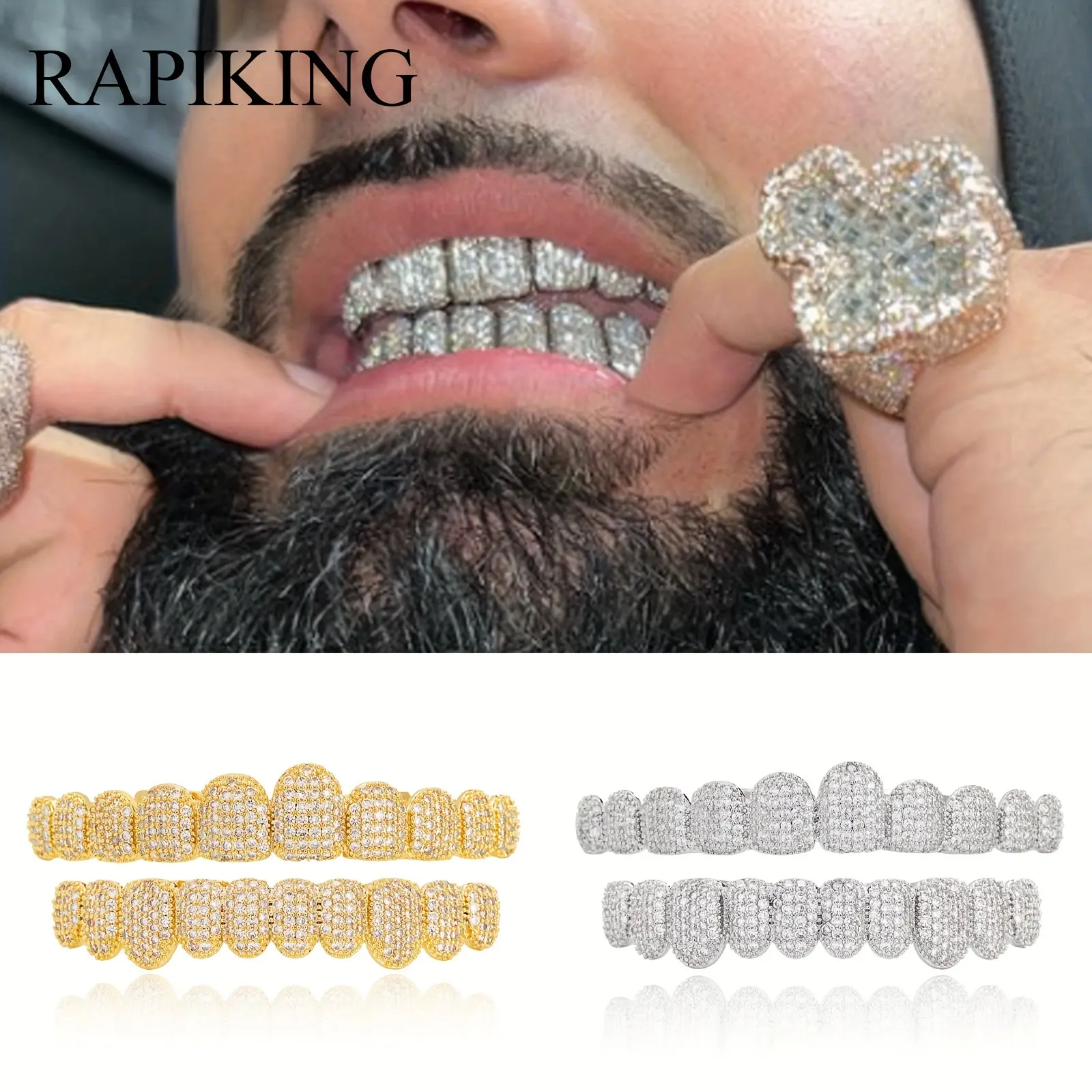 [2pcs Blingbling Teeth Grills] 2pcs/Set Blingbling Hip Hop Cubic Synthetic Zirconia Teeth Grills |   Halloween, Punk Tooth Caps, Dental Mouth Jewelry for Men, Women, Teenager |   20 Teeth Top Bottom Grills, Cosplay Rapper