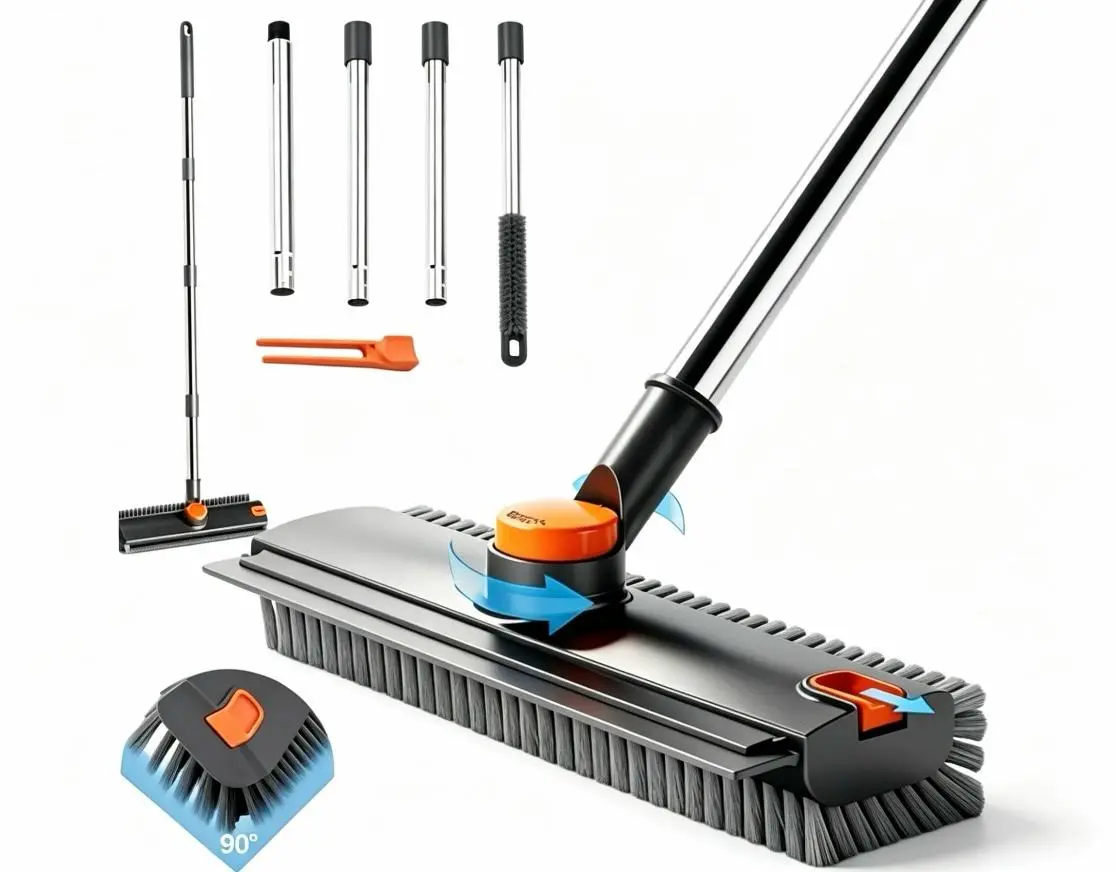 3-in-1 Stainless Steel Adjustable Extended Handle Floor Scrub Brush - Silicone Squeegee Broom, Hair Clip, Grey Microfiber Mop Pads, 360° Rotating Head, 90° Angled Head, Daily Cleaning Pick Broom for Tile, Concrete, Baseboards, Lint Removal