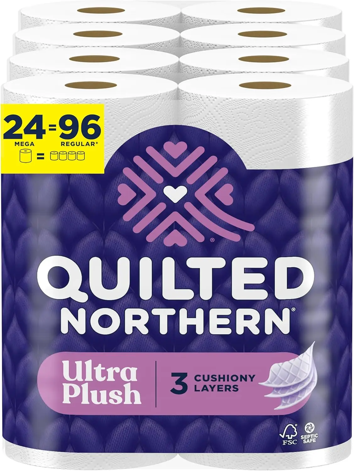 Ultra Plush Toilet Paper, 24 Mega Rolls = 96 Regular Rolls, 4X More Absorbent*, 3-Ply Soft Toilet Tissue