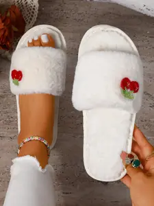 Cute Cherry Plush Casual Women's Slippers, Comfortable Indoor Warm Shoes, Fashion Home Footwear, Soft Textile Upper, Rubber Sole