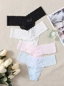 MAB 4pack Floral Lace Thong Set Sexy Lingerie Women's Underwear Nightwear Intimate Apparel Comfortable Breathable Cute Gift For Her
