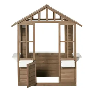 Outdoor Wooden Playhouse for Kids 3-8 Years Brown Sloping Roof Half Door Three Windows Flower Pot Holders for Preschool Rooftop Family Gathering