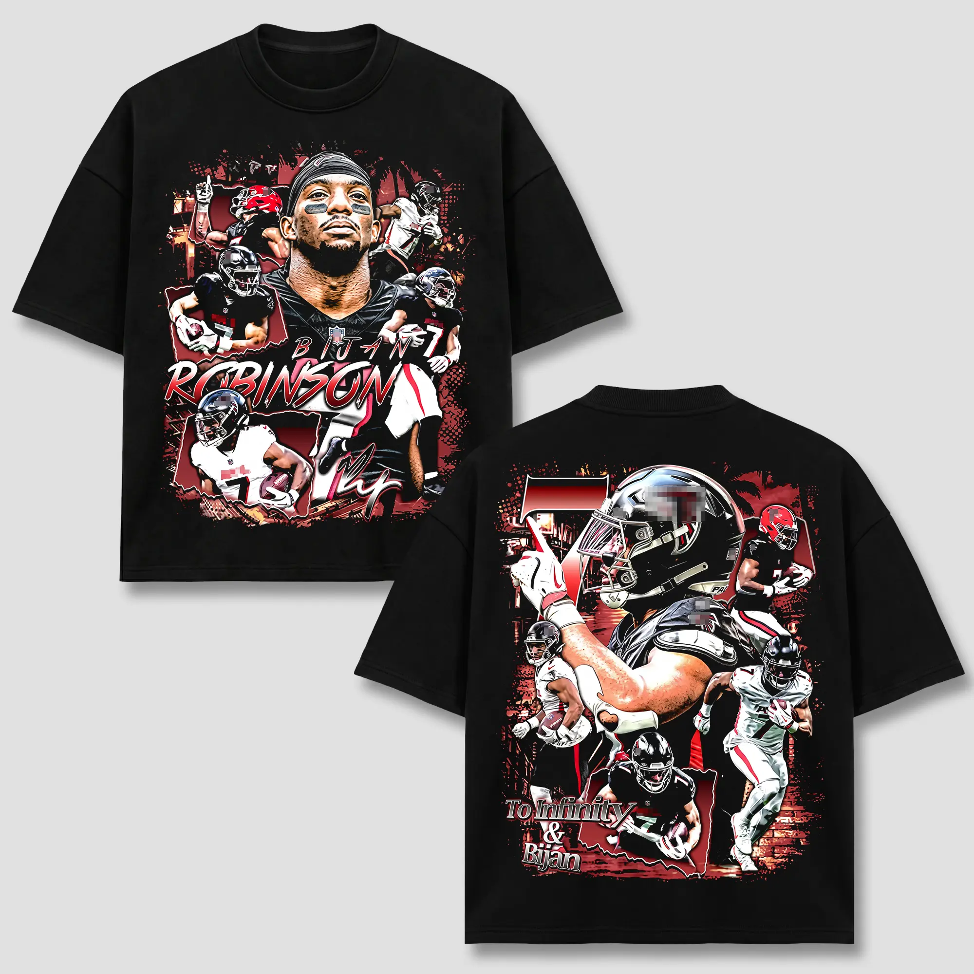 Bijan Robinson #7 T-Shirt, Flcns RB Football Player Merch, To Infinity and Bijan Red Black Vintage Graphic Apparel, Retro 90s Bootleg Sports Wear, Footbal Fan Heritage Gift, Men Women Heavyweight Oversized Black Top