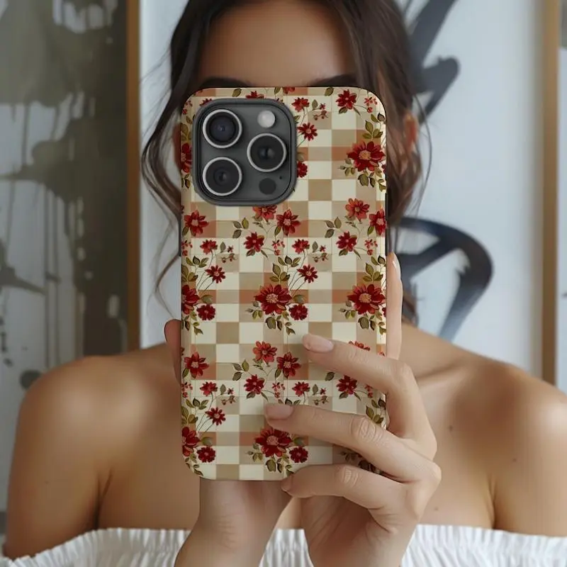 Checkered Floral Tough Phone Case: Impact Resistant, Glossy or Matte,phone Case Suitable for Iphone 11/12/13/14/15/16/17 Pro Promax Plus Air