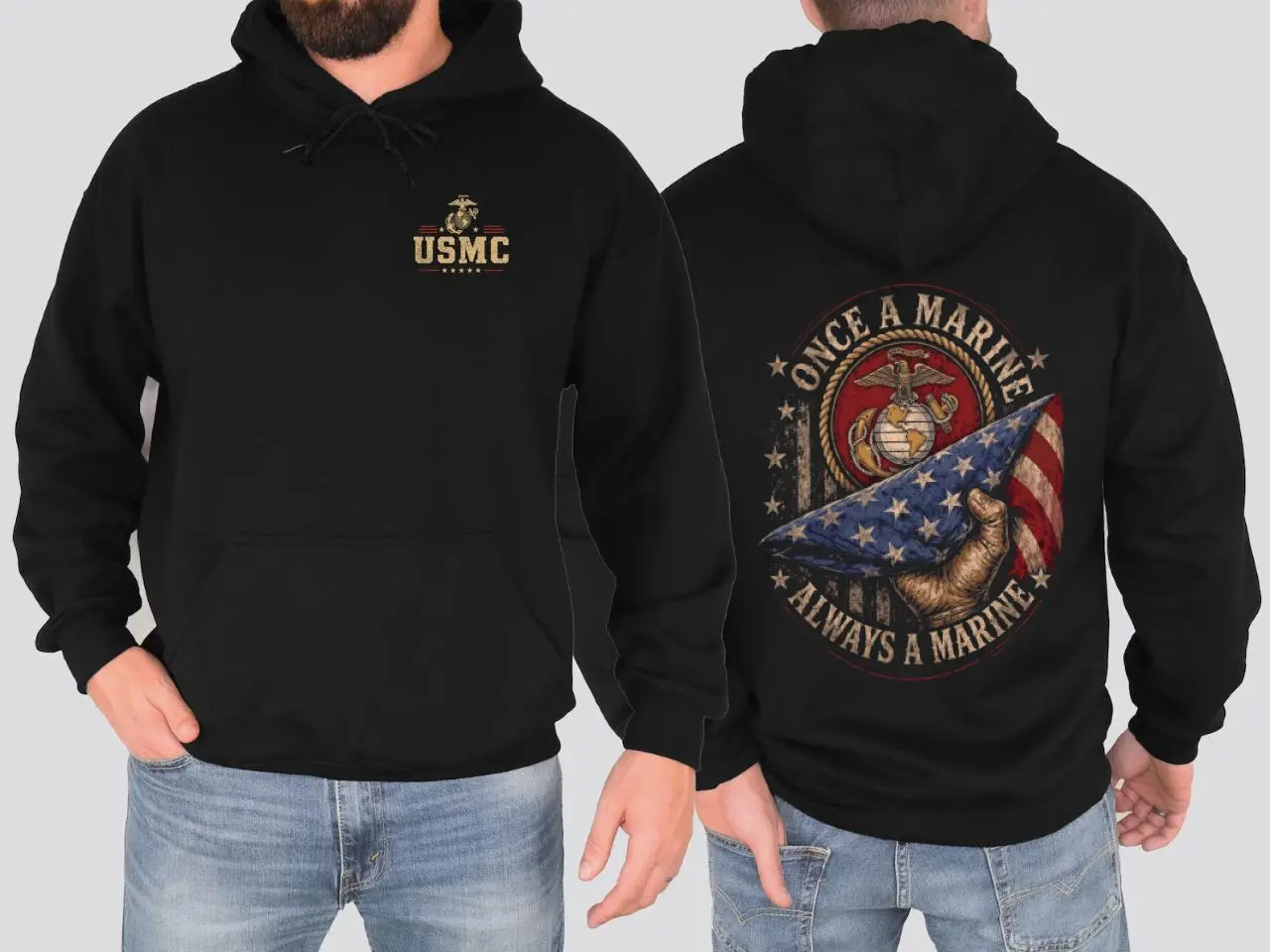 Once a Marine Always a Marine Hoodie, USMC Veteran Patriotic Graphic Hoodie, American Flag Military Pride Sweatshirt, Veteran Appreciation Gift