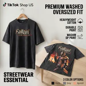Fallout New Vegas Oversized Washed T-Shirt Vintage Graphic Tee Heavyweight 280 GSM Unisex Y2K Streetwear Gamer Retro RPG Fans Gift Top Trendy Tee USA