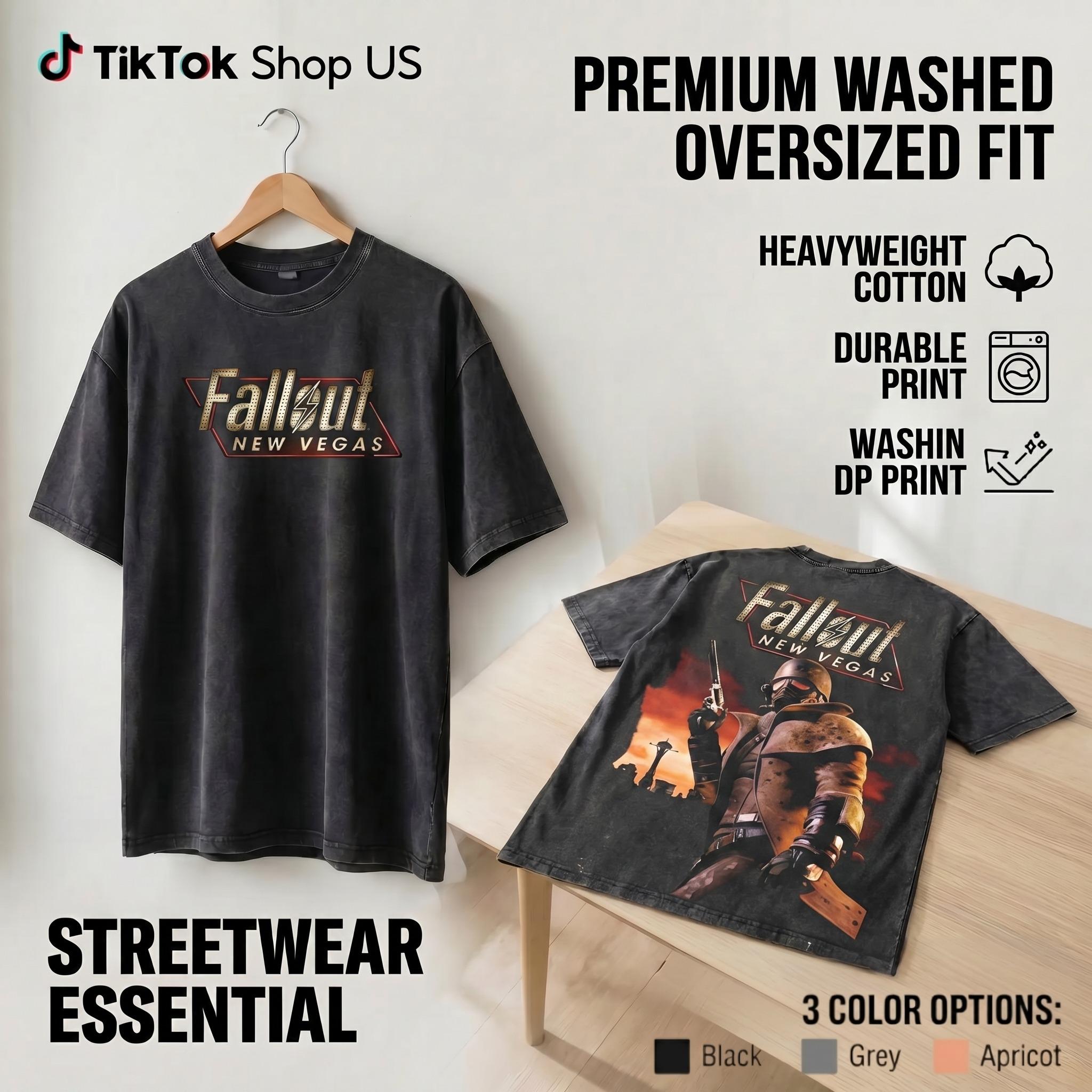 Fallout New Vegas Oversized Washed T-Shirt Vintage Graphic Tee Heavyweight 280 GSM Unisex Y2K Streetwear Gamer Retro RPG Fans Gift Top Trendy Tee USA
