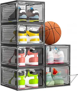 Thicken & Sturdy Clear Shoe Storage Organizer with Magnetic Door, Stackable Boxes for Closet, Foldable Shoe Rack for Sneaker Boot Container, Plastic Shoe Cabinet Shoe Box 6 Pack, Black