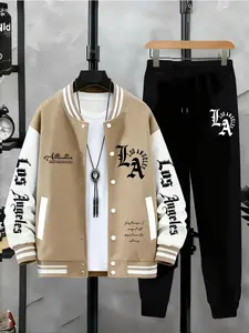Men's Baseball Jacket + Sweatpants Set, New York Pattern Design, Casual Fitted Long Sleeve, Fall & Winter, Above the Ankle