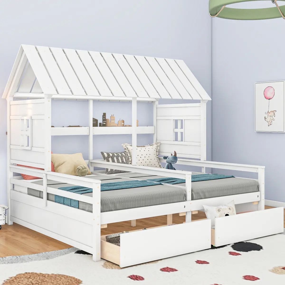 [Bellemave]Twin Size House Platform Beds with Two Drawers for Boy and Girl Shared Beds, Combination of 2 Side by Side Twin Size Beds,White    RR