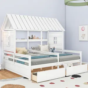 [Bellemave]Twin Size House Platform Beds with Two Drawers for Boy and Girl Shared Beds, Combination of 2 Side by Side Twin Size Beds,White    RR