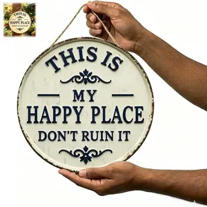 12x12 Inch Round Metal Sign, "This ismy happy place-don't f*** it up" Vintage Hanging Wall Decor, Funny Welcome Sign with Hemp Rope, Wall Art Sign, Indoor Outdoor Home Office Bar Decoration