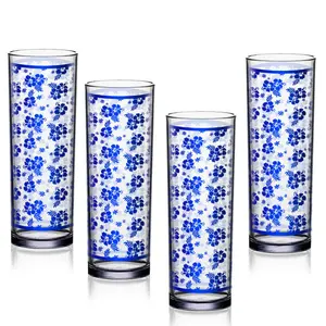 BarConic® Collins Glass - Blue Hibiscus Pattern - 9.5 ounce