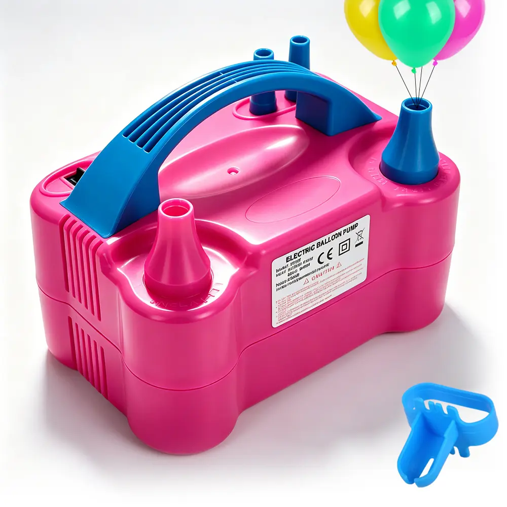 600W 110V ABS Portable Electric Balloon Pump with Dual Nozzle Design, Blow-Up Balloon Blower Inflator, Rose Red for Party Decorations