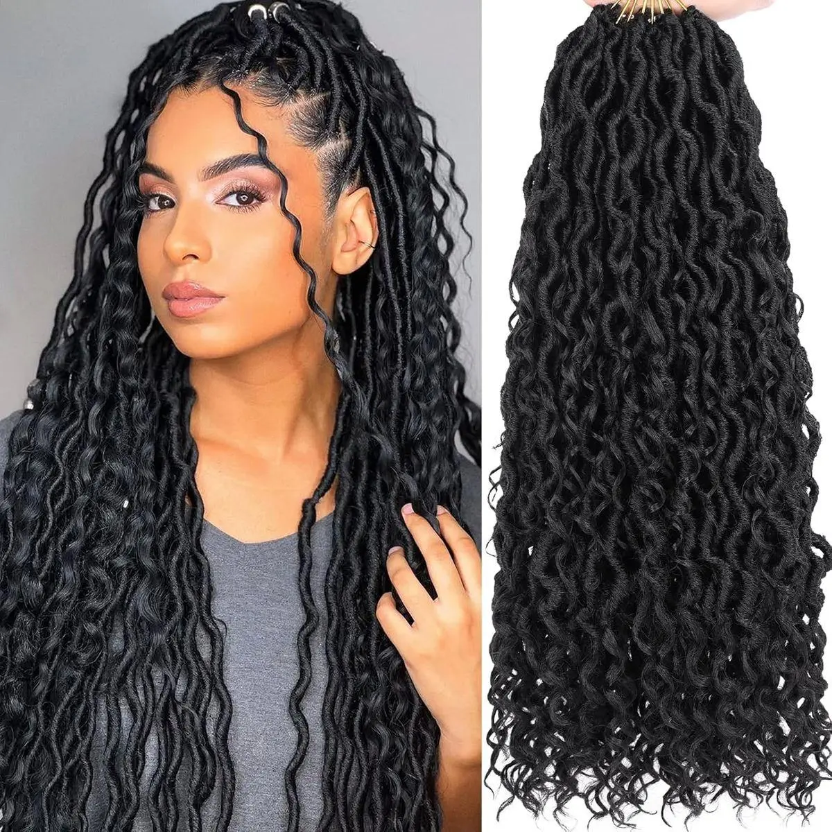 18 Inch 8 Packs (14 Srtands/Pcs) Pre-looped Crochet Goddess Locs with Curly Ends Jet black Soft Faux Locs Wavy Crochet Braiding Hair Pre Curled Goddess bohemian Locs Crochet Hair for Women