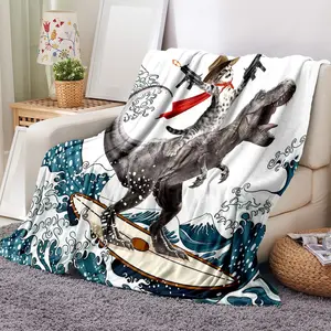 1pc Dinosaur and Cat Surfing Blanket, Soft Flannel Throw Blanket, Cozy Sofa Bed Cover, Lightweight Travel Camping Blanket, Home Office Use, Dinosaur Print Blanket