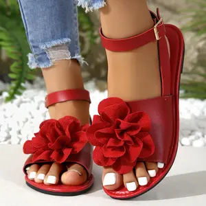Women's Elegant Floral Sandals with Red Flower Embellishment Adjustable Strap Open Synthetic Cover Rubber Sole for Beach Casual Outdoor Wear Summer Footwear