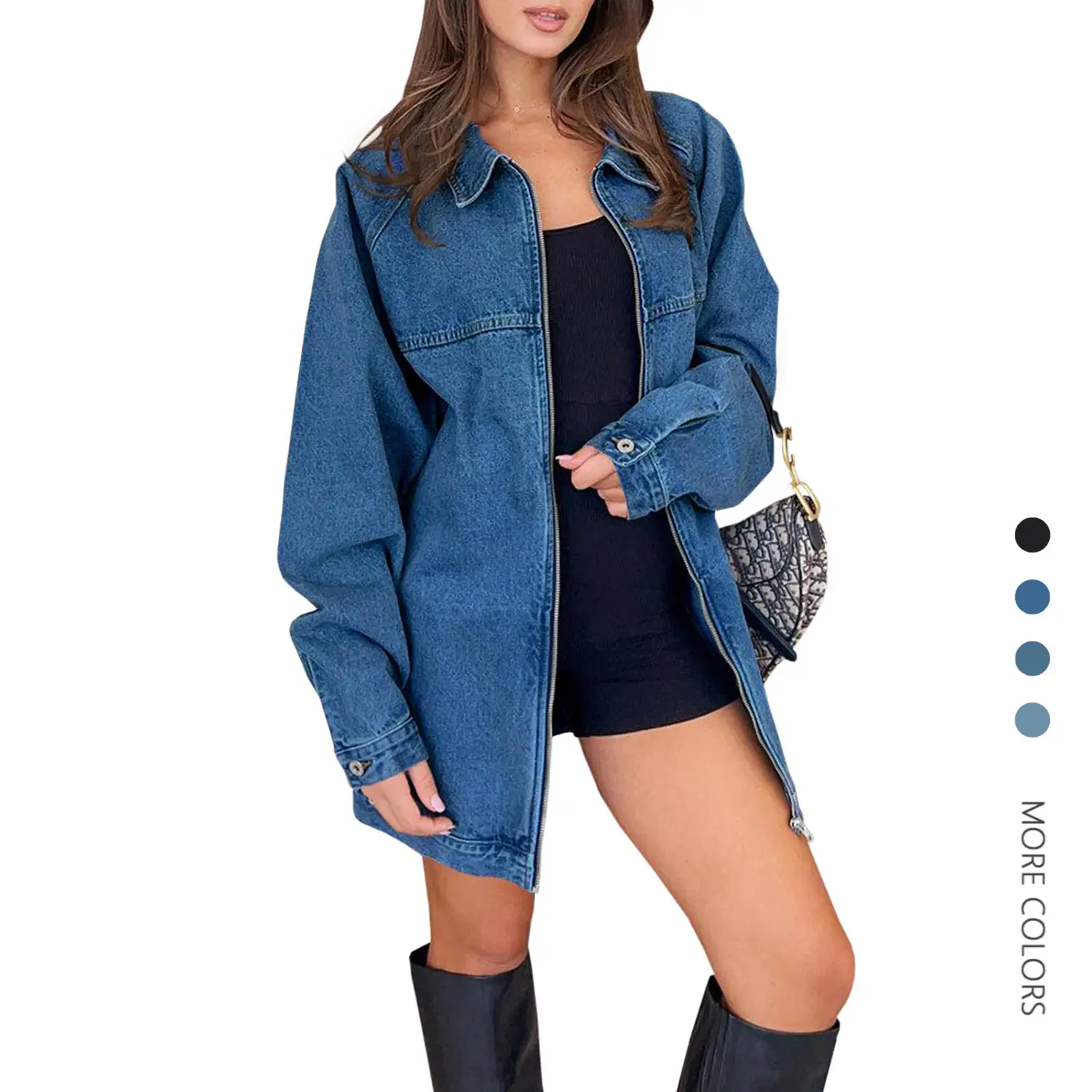 Danedvi Women's Long Sleeve Loose Denim Jacket - bf, Tomboy, Cool Girl Style Coats, Casual Boyfriend Fit, Distressed Cotton Blend, Zip-Up, Button-Accented, Pocketed, Snap, Cold Wash, for Fall/Spring, Weddings, Office Ootd, Tomboy Style, Loose Fit, Dating,