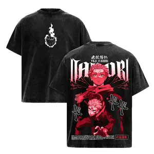 Yuji Itadori Jujutsu Kaisen Anime Vintage Washed Heavy Cotton Oversized Graphic Tee Unisex Streetwear Shirt Japanese Manga Apparel Y2K Retro Top Culling Game Cosplay Clothes For Men Women Teens Anime Lovers Gifts JJK Merch Double Sided Print Tops