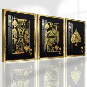 3 Count Aluminum Alloy Frame Canvas, Fashion Poster Playing Card Golden Spade Design, Modern Living Room Decoration, Light Luxury Family Art, Suitable For Bedroom, Corridor And Office Wall Decor, Gift