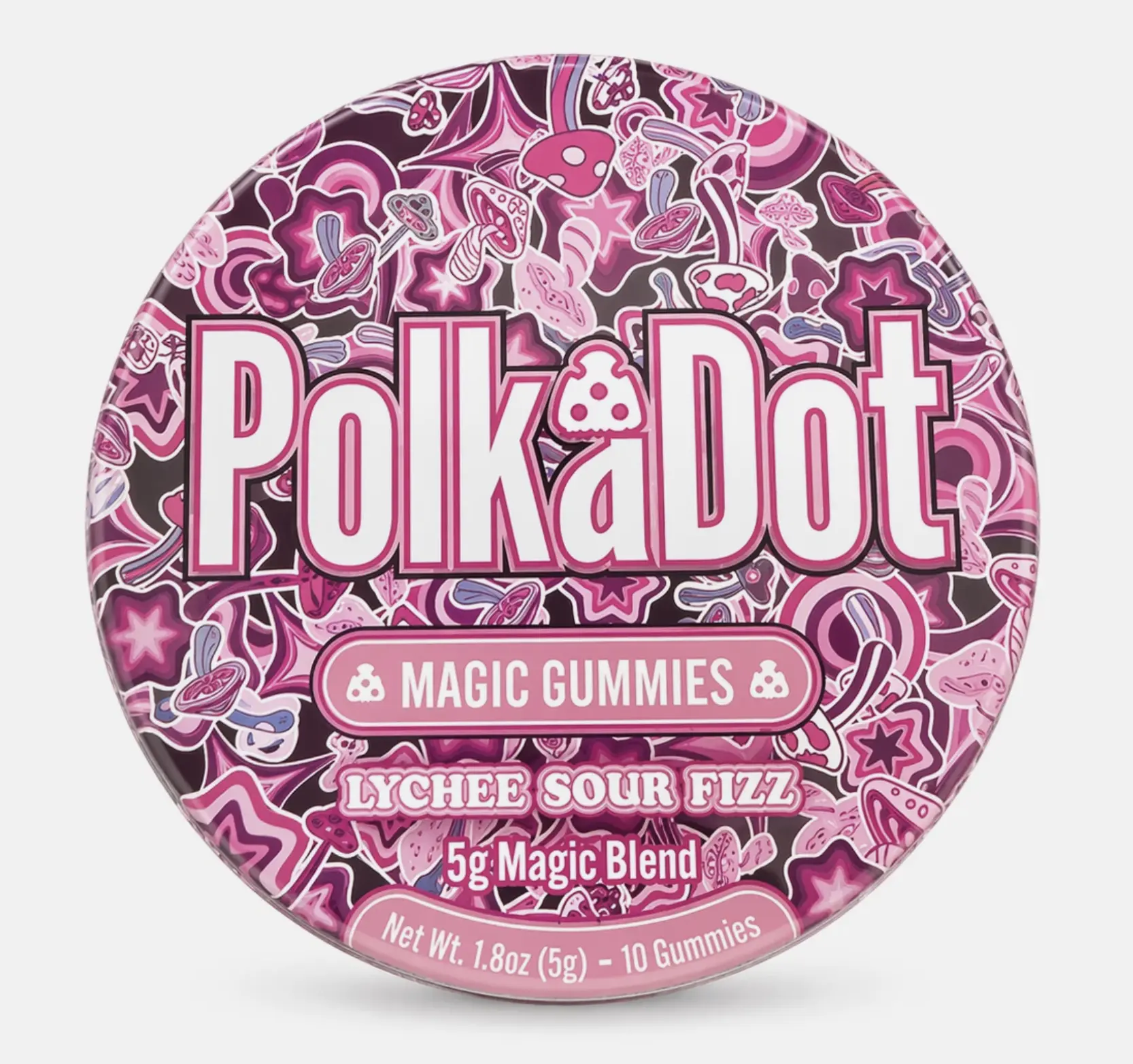 Polkadot Lychee Sour Fizz Gummies, 10 Count, Premium Plant-Based Gummies, Soft Chewy Gummies, 100% Organic Ingredients, High-Quality Formula, Freshness-Sealed, Secure Reusable Metal Tin, Travel-Friendly Packaging, Proudly Made in USA