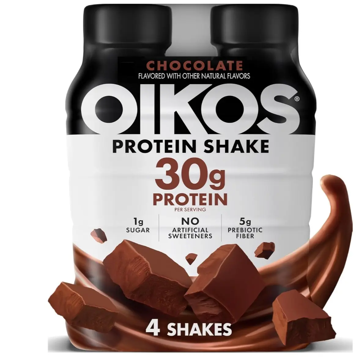 Oikos Protein Shake, Chocolate, 30g High Protein Drinks, Shelf Stable, Ready to Drink, 5g Prebiotic Fiber, 12 fl oz Bottle, 4 Count​