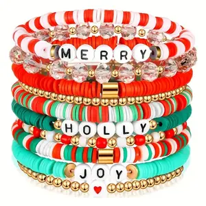 10-Pack Christmas Holiday Bracelet Set - Festive Polymer Clay Heishi Stretch Bracelets with Joyful Messages | Plastic Bead Jewelry Gift for Women | Seasonal Party Accessories