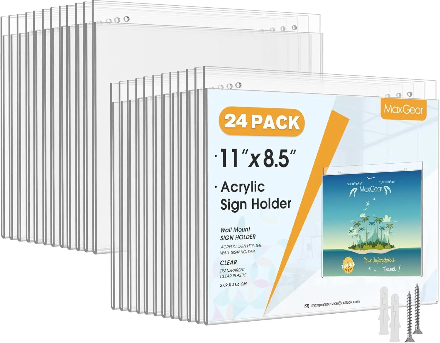MaxGear Wall Mount Sign Holder 8.5 x 11 Inch, Clear Plastic Picture Frames with Mounting Screws, Door Sign Holders and Document Display Frame for Home, Office, Store, Landscape, 24 Pack