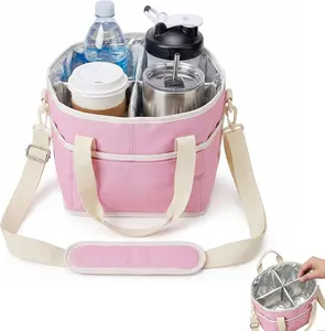 Insulated Cup Caddy Tote Bag,  Family Size 4 Compartment Drink Bag, Water Bottle Holder with Adjustable Strap, Portable Drink Carrier for Outdoor Picnics, Beach Trips, Tailgating, and Daily Commute Delivery Services