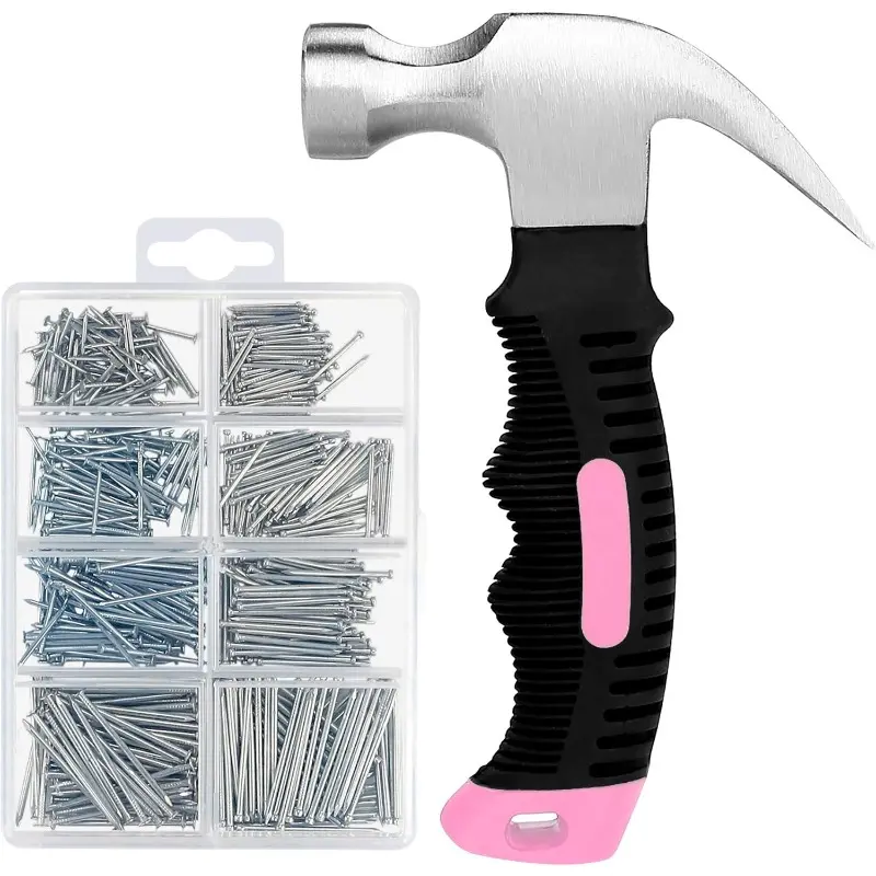 Pink Tack Hammer & Small Picture Nail Set - 8 oz Women's Hammer, 560-Piece Hardware Set for Hanging Canvas Wall Art, Photo Frames, Living Room & Bedroom Decor
