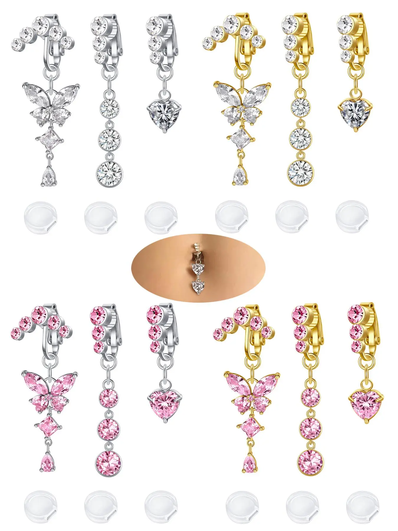 3Pcs Fake Belly Button Piercing for Women Dangle Butterfly Heart Clip on Belly Button Rings Silver Gold Pink Fake Belly Button Rings Non Piercing Belly Rings Stainless Steel Faux Navel Jewelry