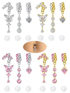 3Pcs Fake Belly Button Piercing for Women Dangle Butterfly Heart Clip on Belly Button Rings Silver Gold Pink Fake Belly Button Rings Non Piercing Belly Rings Stainless Steel Faux Navel Jewelry