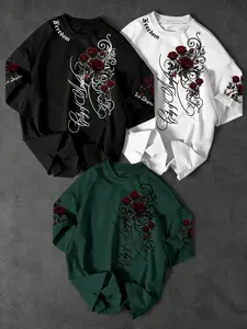3-Pack American Street Style Print Short Sleeve Men's Oversized Loose T-Shirts, Cool Casual Long Top, Letter Pattern, Lettuce Trim Design