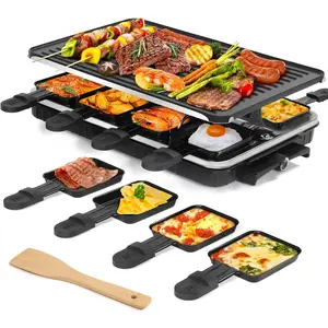 Raclette Table Grill, Indoor Grill Korean BBQ Grill Electric Griddle, 2 in 1 Electric Griddle Nonstick with 8 Raclette Cheese Pans Adjustable Temperature Control 1300W Ideal for Family Party Fun