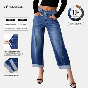 Sidefeel Barrel Jeans for Women High Waisted Wide Leg Baggy Stretchy Trendy Raw Rolled Hem Cropped Ankle Denim Pants Basic