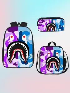 Shark Mouth Three-Piece Backpack Set, Camouflage Student Shoulder Bag Set, Large Capacity School Backpack for Boys and Girls