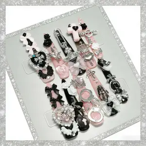 TRUTH AMOR Viral Dark Black-Pink Cool Girl Nails|Bows Cross Crown|Statement Rhinestone|Removable Handmade Press-Ons|Date Party Edgy Daily Nails