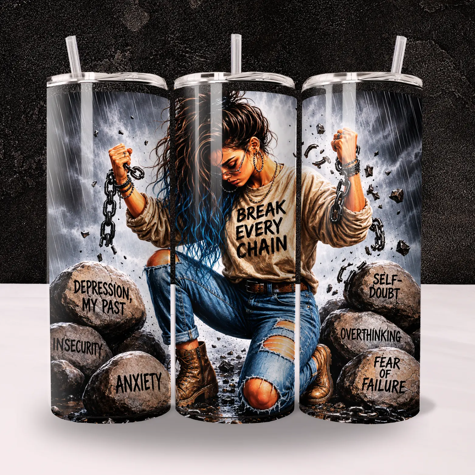 20oz Stainless Skinny Vacuum Flask Tumbler - Break Every Chain Inspirational Strength Handmade Drinkware, Motivation Gifts with Double Wall