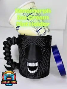 3DCreationsByGT Xenomorph Ice Cream Pint Holder with Spoon Slots Eco-Friendly 3D Print for Horror Movie Nights 16 oz Capacity Free Gift Included Spooky Drinkware