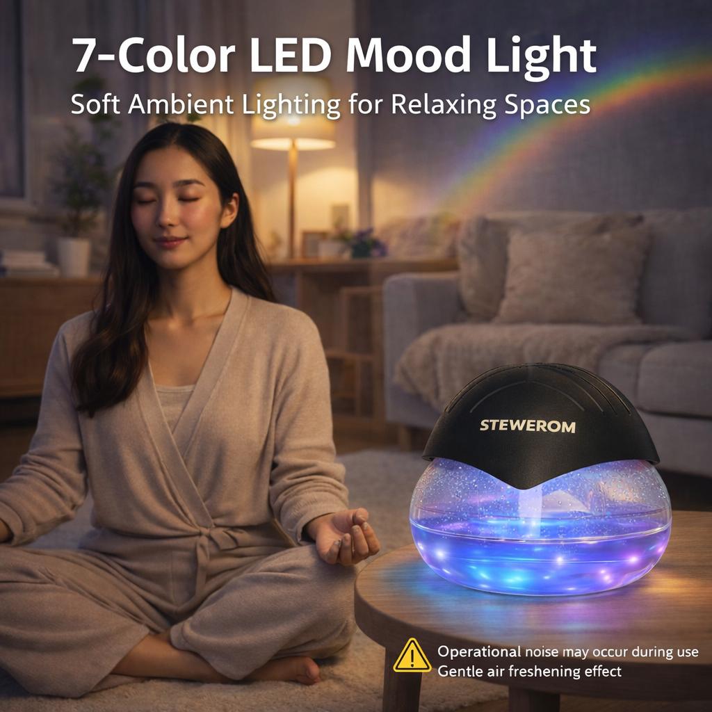 Stewerom Water-Based Air Purifier & Air Washer, Essential Oil-Free Air Freshener with 7-Color LED Mood Light for Home, Office & Room, Air Revitalizer Diffuser