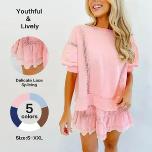 Fisoew Women's 2 Piece Cotton Lace Trim Outfit Set Short Sleeve Puff Sleeve Top & Ruffled Shorts Soft Casual Outfit